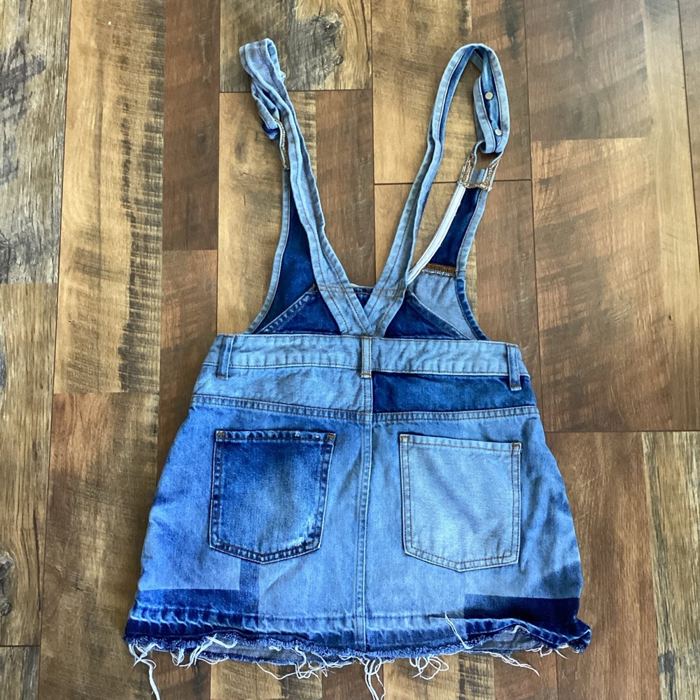 Free People Boho Patchwork Blues Denim Overall Skirt Dress Jumper Sz 4 - Picture 5 of 9